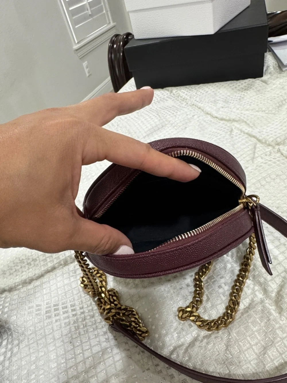 Saint Laurent Wine Quilted Round Crossbody with Gold YSL Chain - Picture 11 of 13